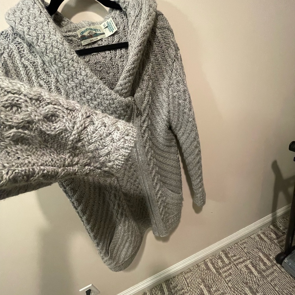 Aran Crafts % Wool Light Gray Cable Hooded Cardigan - Picture 11 of 14